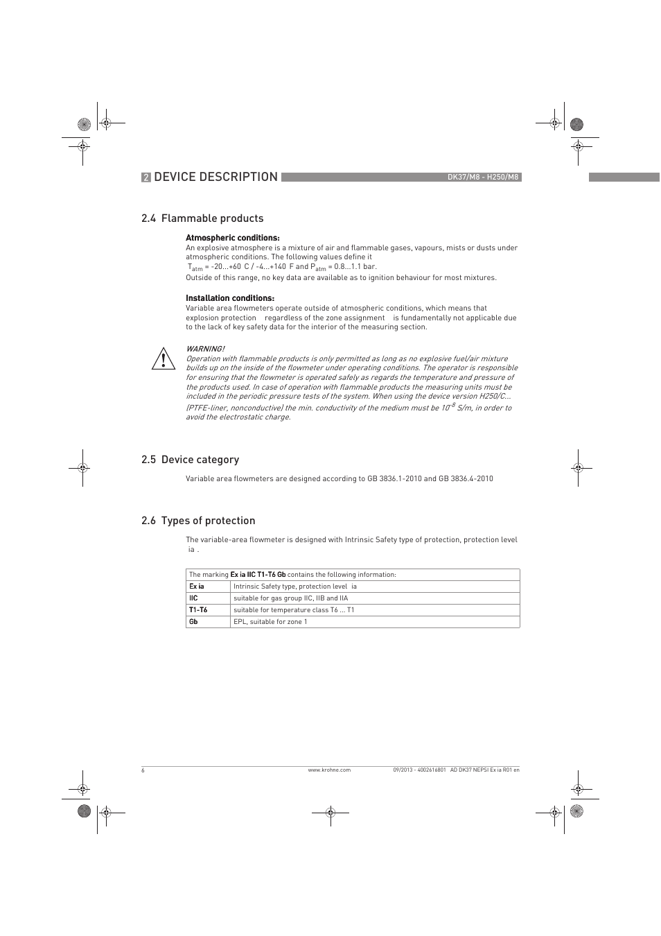 Device description, 4 flammable products, 5 device category | 6 types of protection | KROHNE DK 37 NEPSI Ex i User Manual | Page 6 / 20