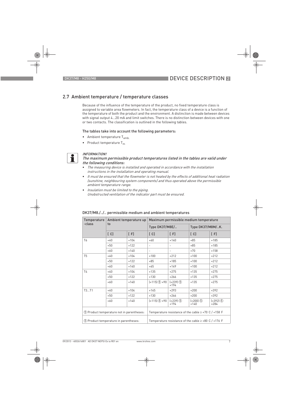 Device description, 7 ambient temperature / temperature classes | KROHNE DK 37 NEPSI Ex i User Manual | Page 7 / 20