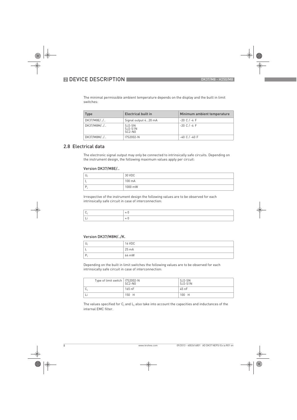 Device description, 8 electrical data | KROHNE DK 37 NEPSI Ex i User Manual | Page 8 / 20