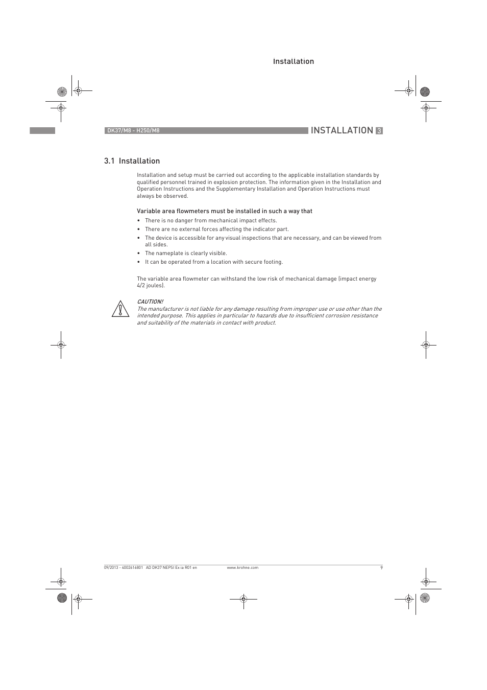 Installation, Installation 3.1 installation | KROHNE DK 37 NEPSI Ex i User Manual | Page 9 / 20