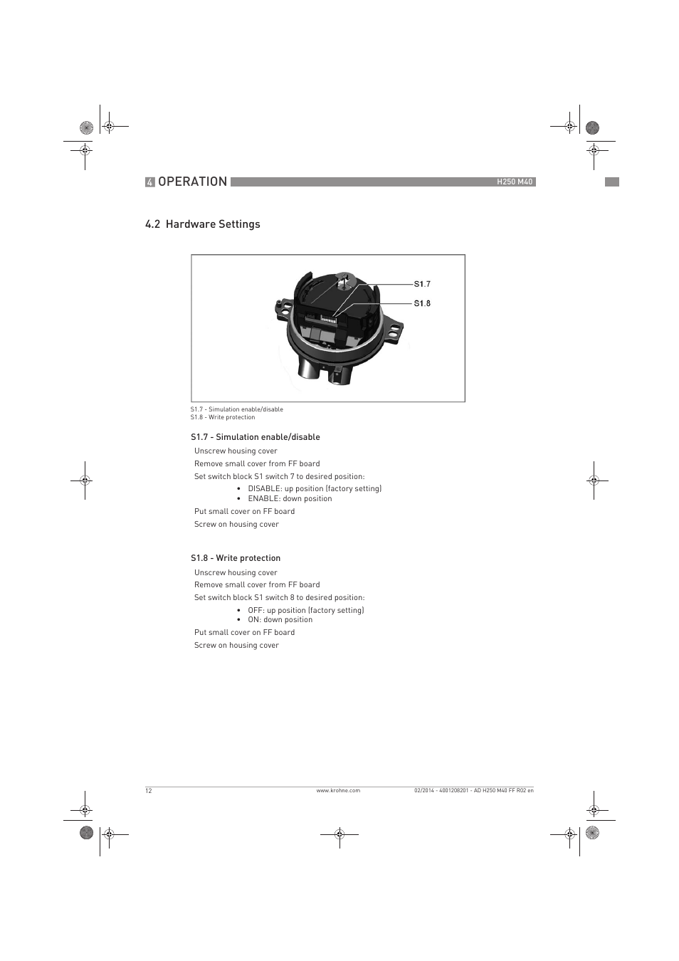 Operation, 2 hardware settings | KROHNE H250 M40 FOUNDATION FIELDBUS User Manual | Page 12 / 76