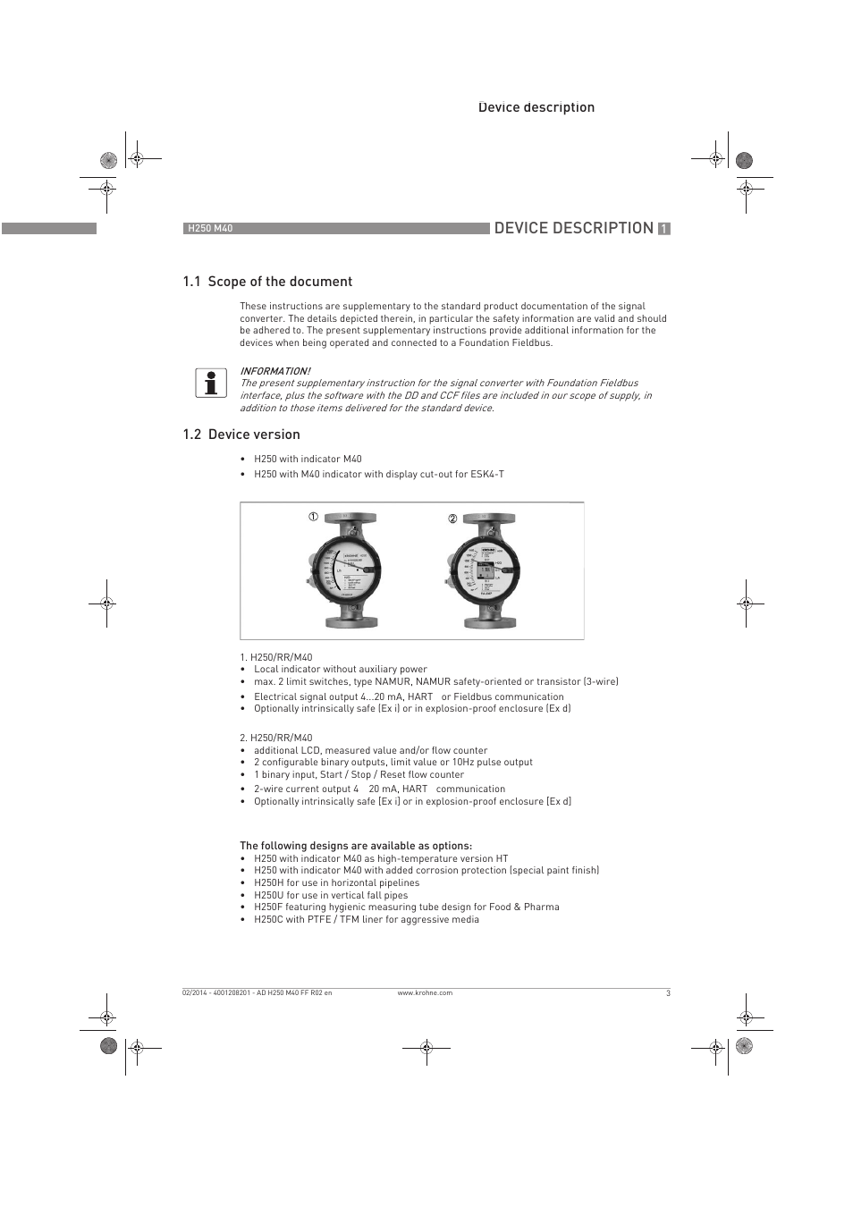 Device description, Device description 1.1 scope of the document, 2 device version | KROHNE H250 M40 FOUNDATION FIELDBUS User Manual | Page 3 / 76