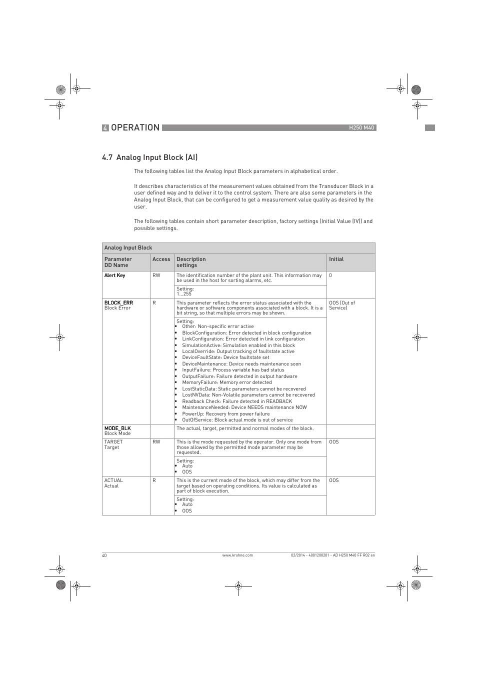 Operation, 7 analog input block (ai) | KROHNE H250 M40 FOUNDATION FIELDBUS User Manual | Page 40 / 76