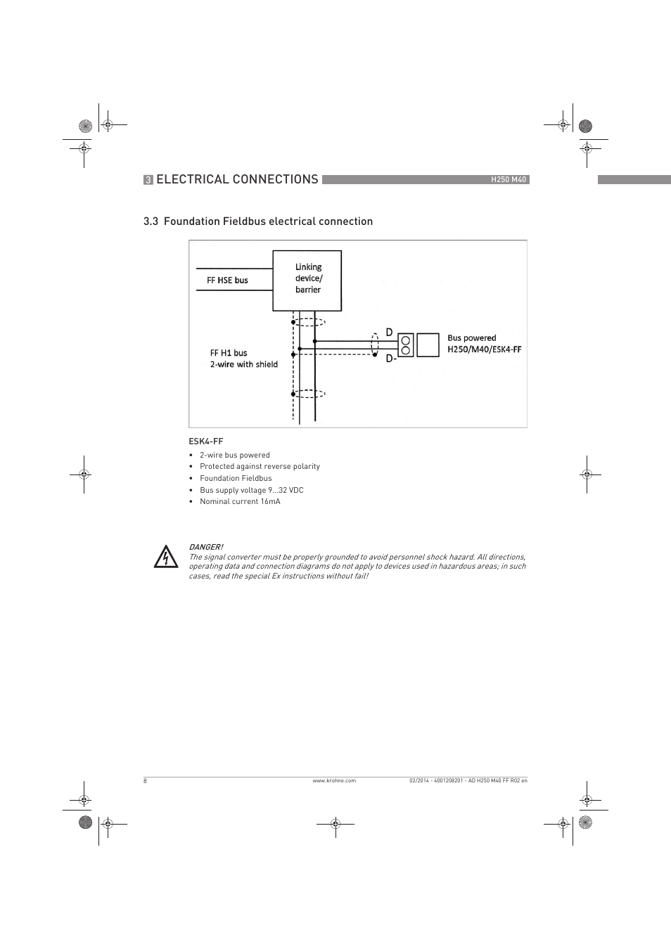 Electrical connections, 3 foundation fieldbus electrical connection | KROHNE H250 M40 FOUNDATION FIELDBUS User Manual | Page 8 / 76