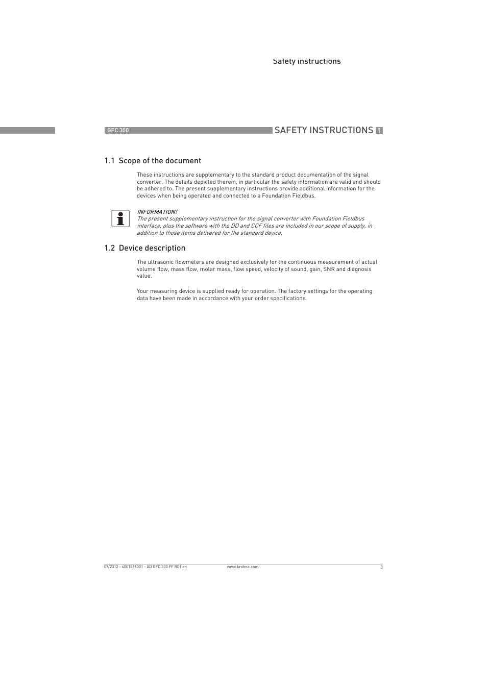 Safety instructions | KROHNE GFC 300 FOUNDATION FIELDBUS User Manual | Page 3 / 84