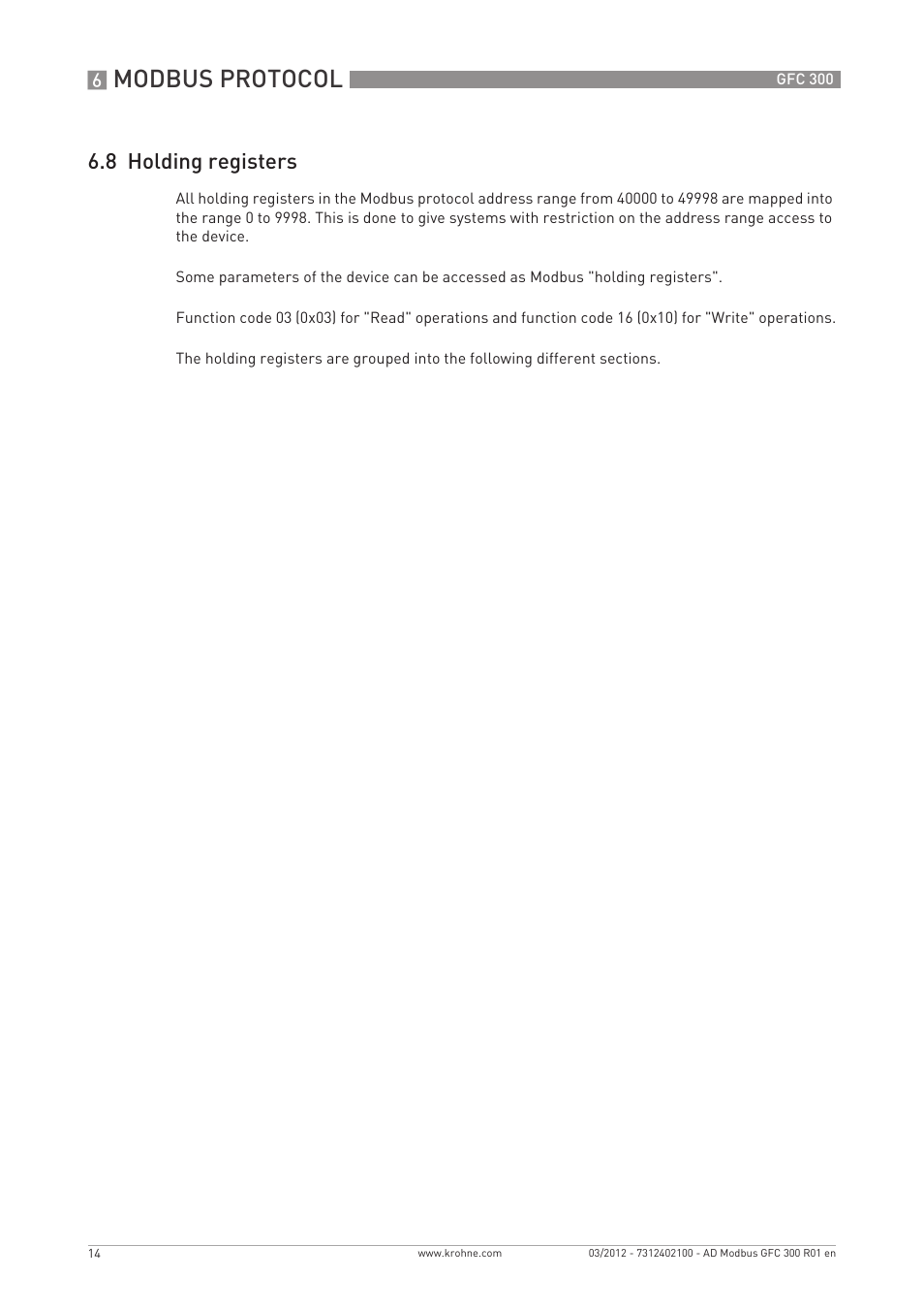 Modbus protocol, 8 holding registers | KROHNE GFC 300 Modbus User Manual | Page 14 / 20