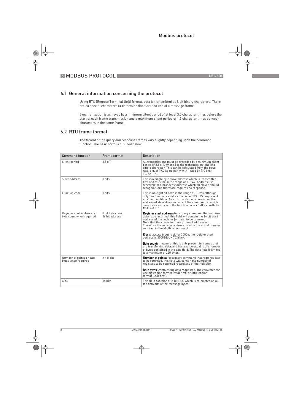 Modbus protocol, 2 rtu frame format | KROHNE MFC 300 Modbus User Manual | Page 8 / 24