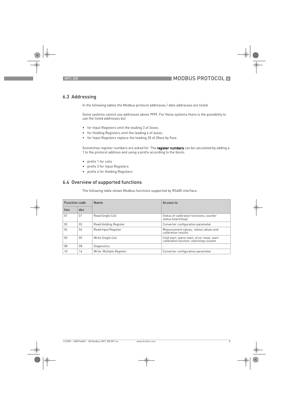 Modbus protocol, 3 addressing, 4 overview of supported functions | KROHNE MFC 300 Modbus User Manual | Page 9 / 24