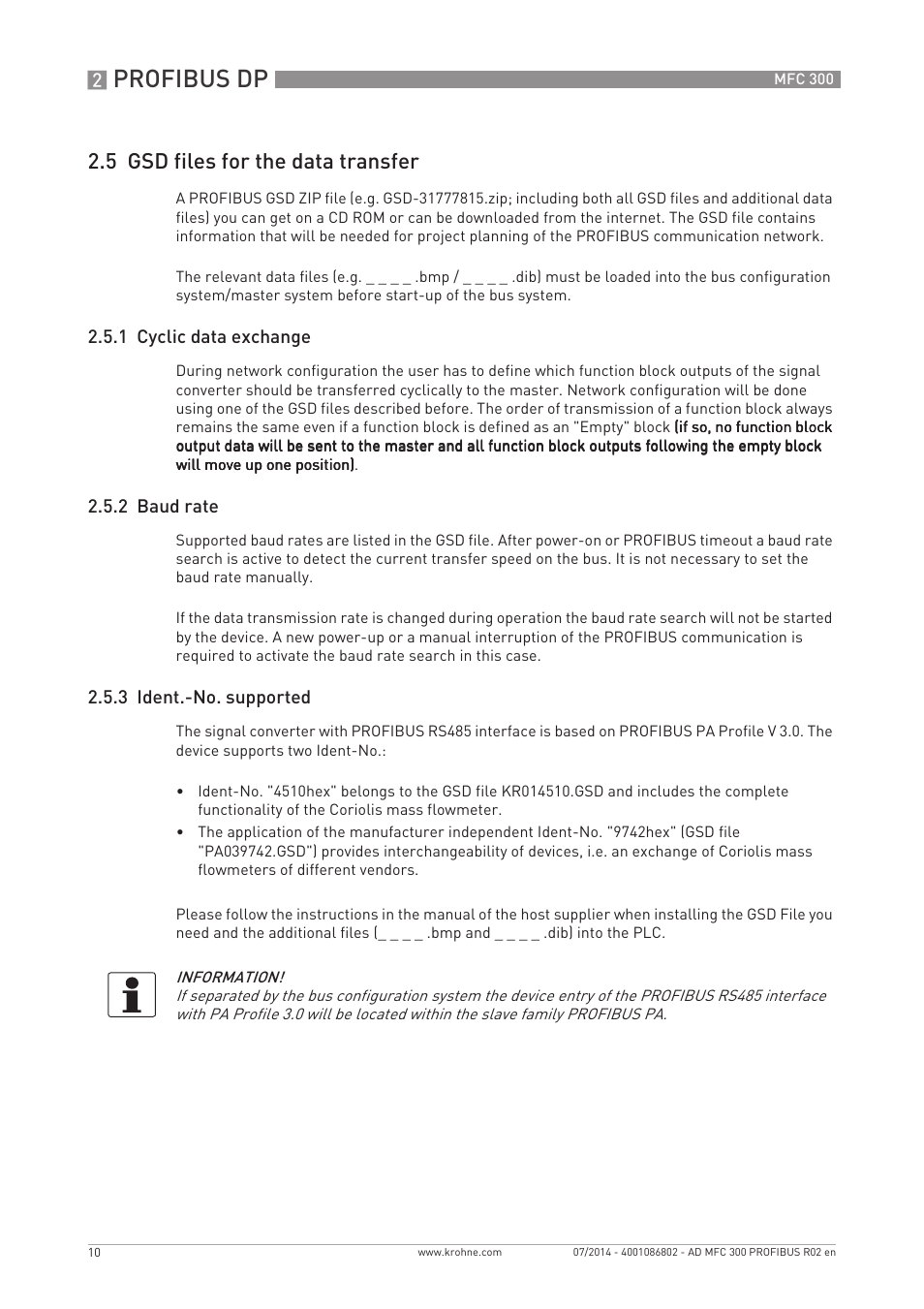 Profibus dp, 5 gsd files for the data transfer | KROHNE MFC 300 Profibus User Manual | Page 10 / 40