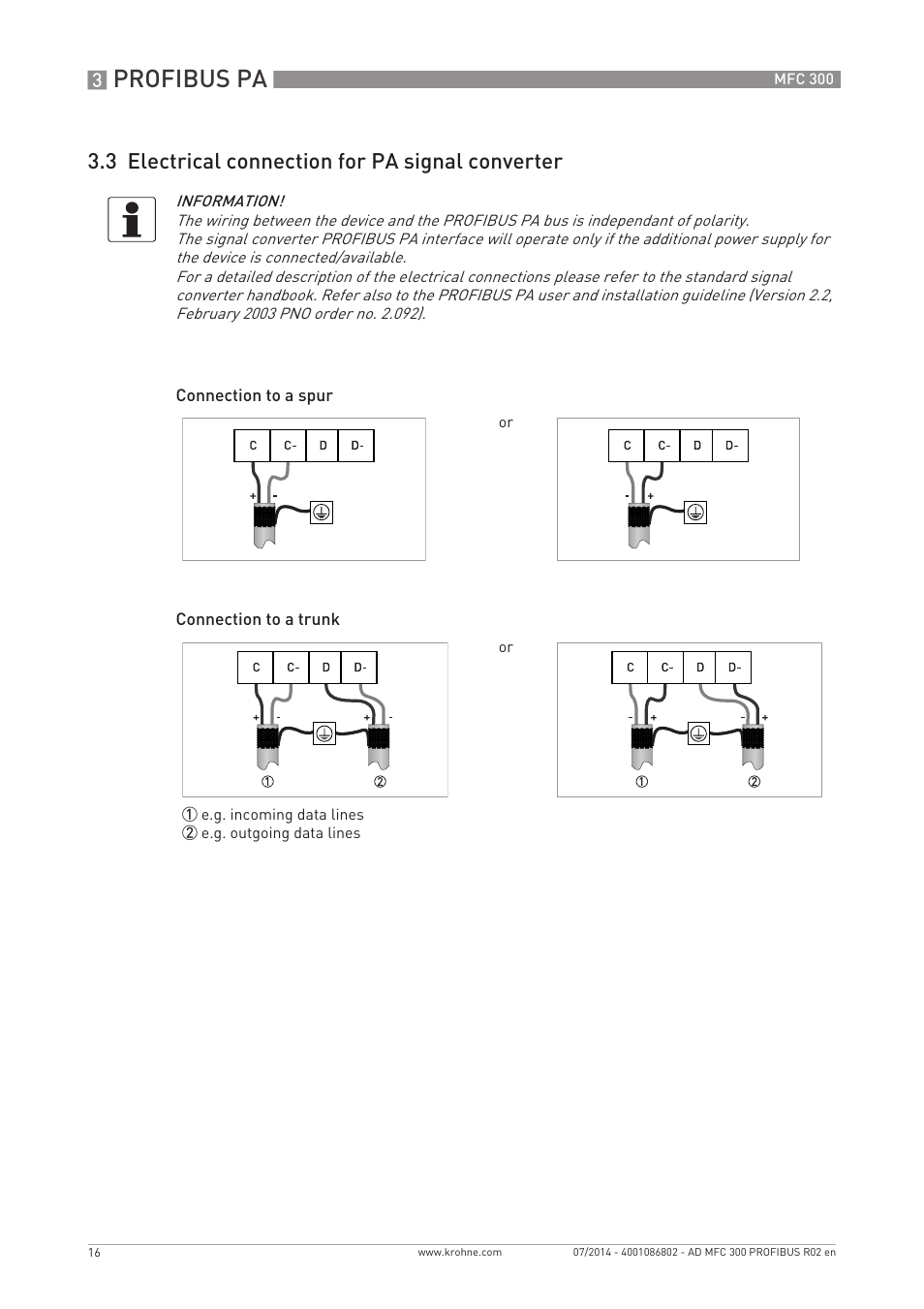 Profibus pa, 3 electrical connection for pa signal converter | KROHNE MFC 300 Profibus User Manual | Page 16 / 40