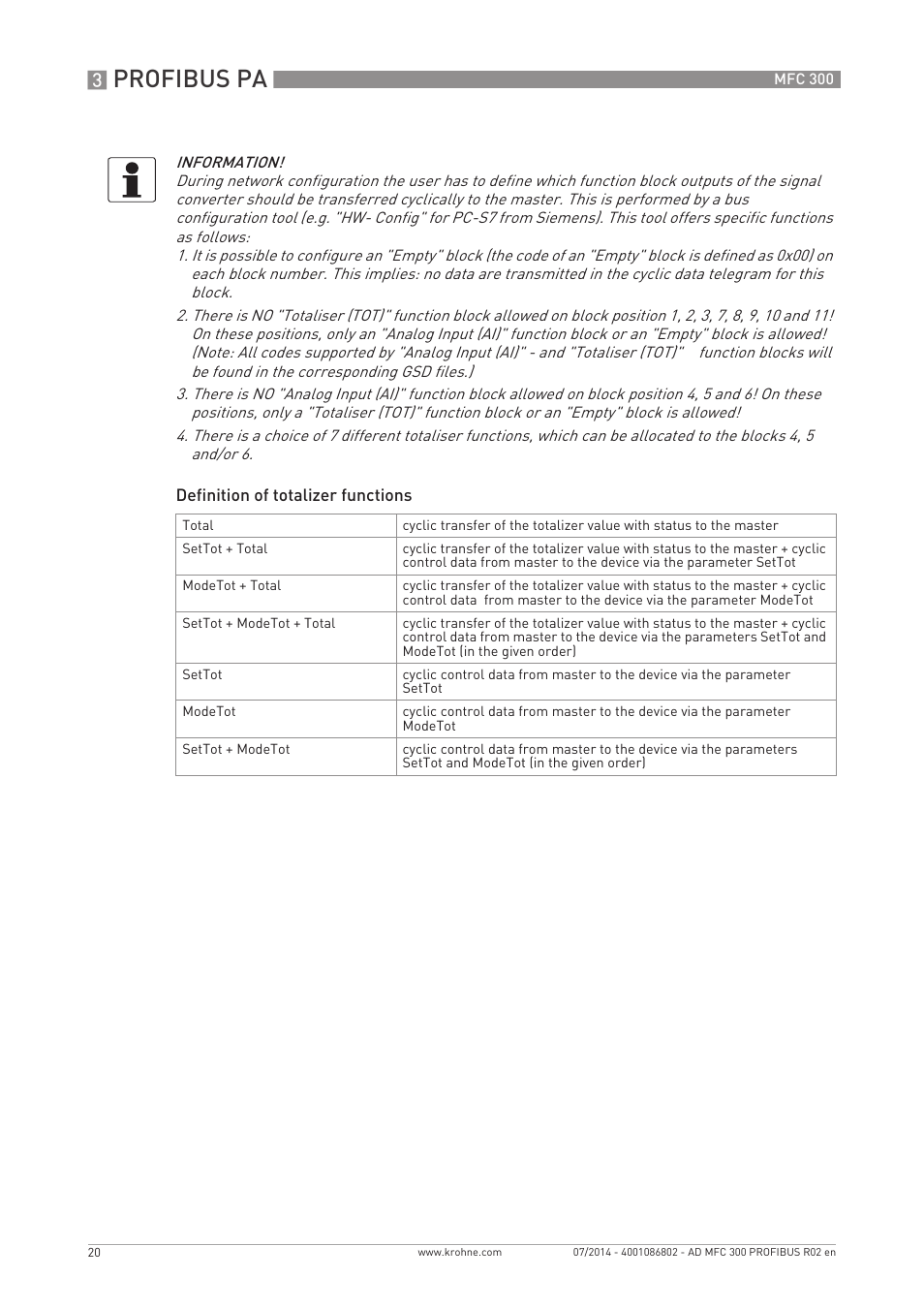 Profibus pa | KROHNE MFC 300 Profibus User Manual | Page 20 / 40