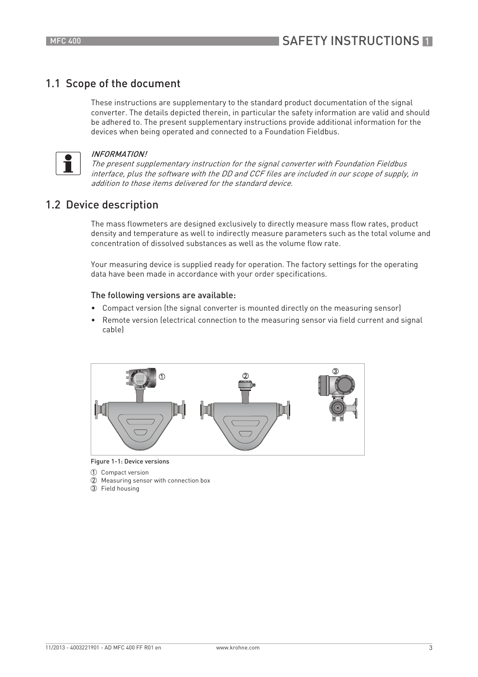 Safety instructions, 1 scope of the document, 2 device description | KROHNE MFC 400 FOUNDATION FIELDBUS User Manual | Page 3 / 90