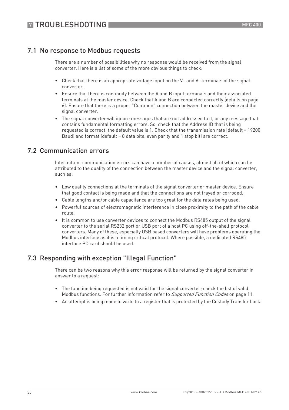 Troubleshooting, 1 no response to modbus requests, 2 communication errors | 3 responding with exception "illegal function | KROHNE MFC 400 Modbus User Manual | Page 30 / 40