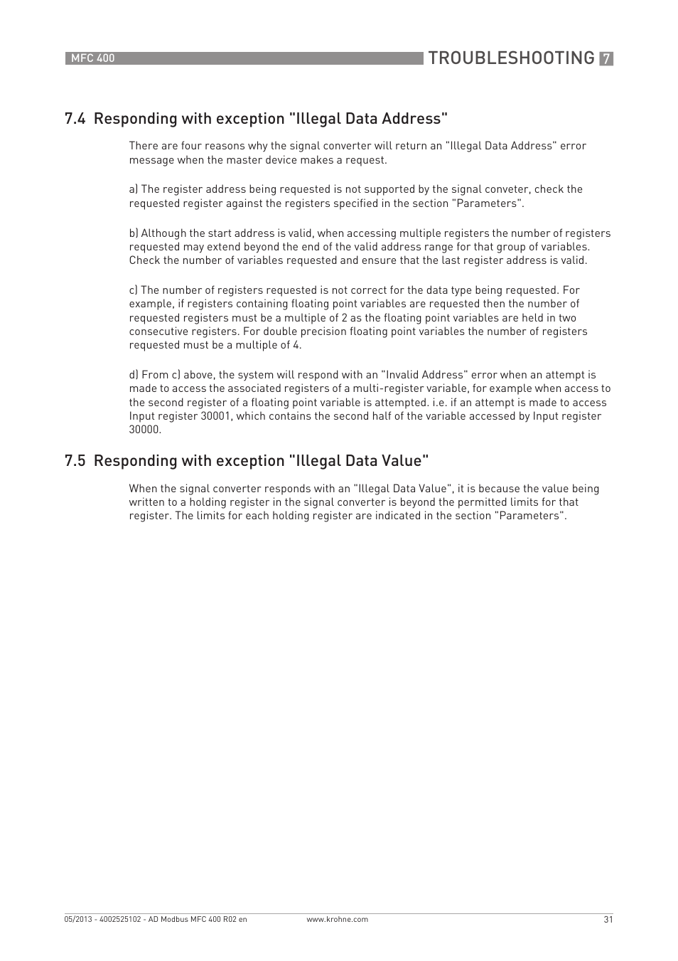 Troubleshooting, 4 responding with exception "illegal data address, 5 responding with exception "illegal data value | KROHNE MFC 400 Modbus User Manual | Page 31 / 40