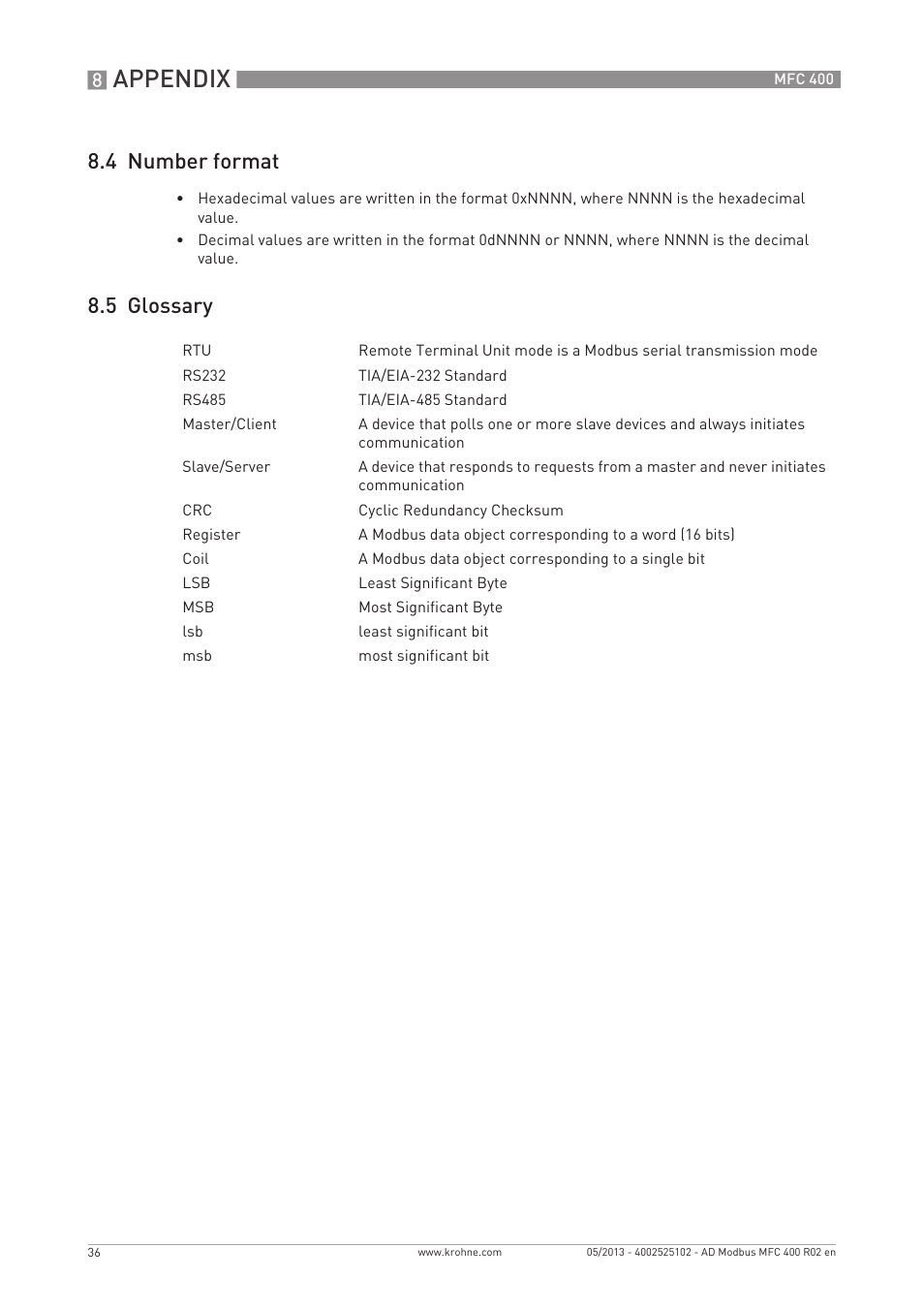 Appendix, 4 number format, 5 glossary | KROHNE MFC 400 Modbus User Manual | Page 36 / 40