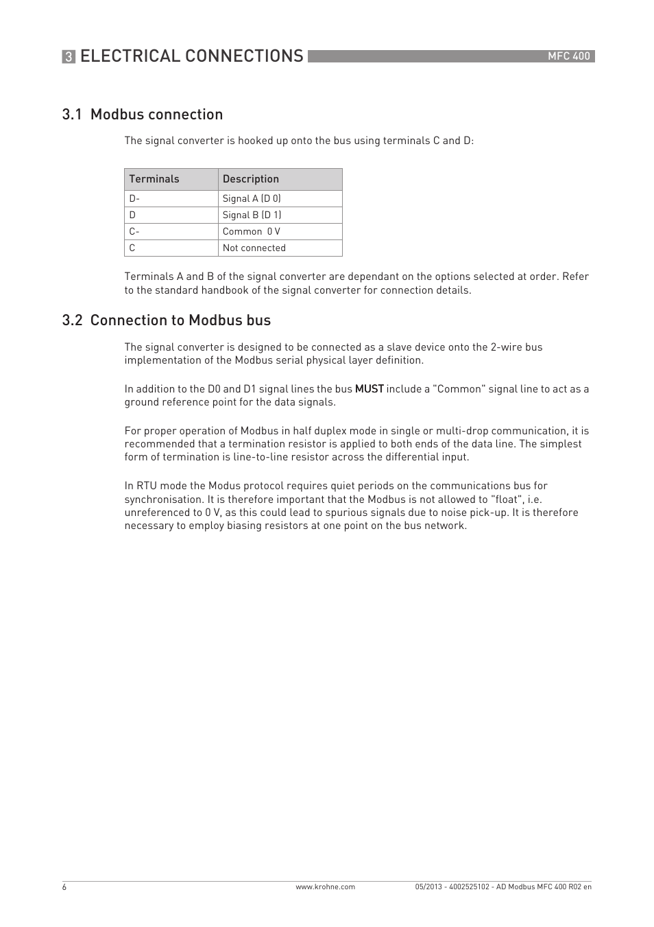 Electrical connections, 1 modbus connection, 2 connection to modbus bus | KROHNE MFC 400 Modbus User Manual | Page 6 / 40