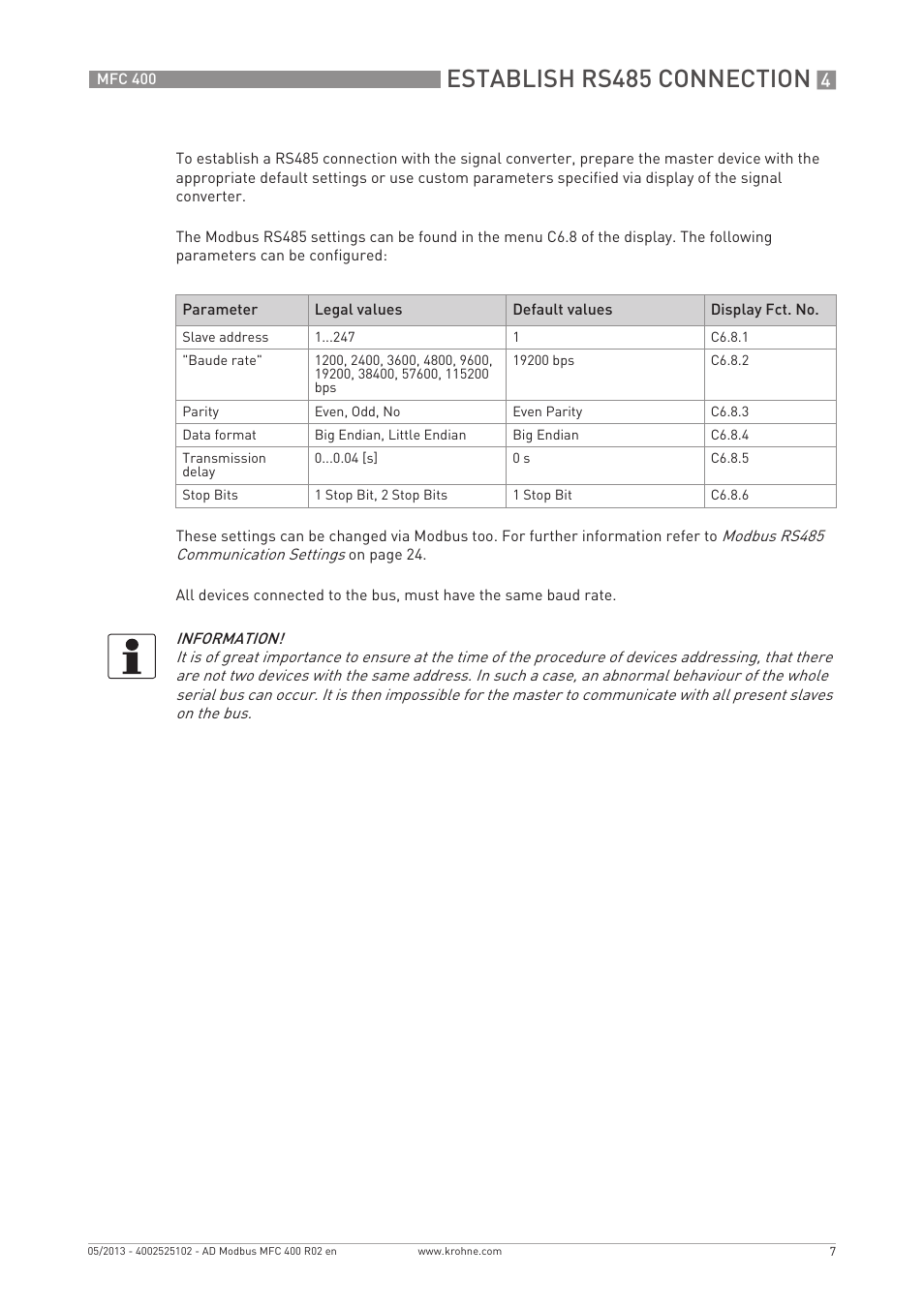 Establish rs485 connection | KROHNE MFC 400 Modbus User Manual | Page 7 / 40