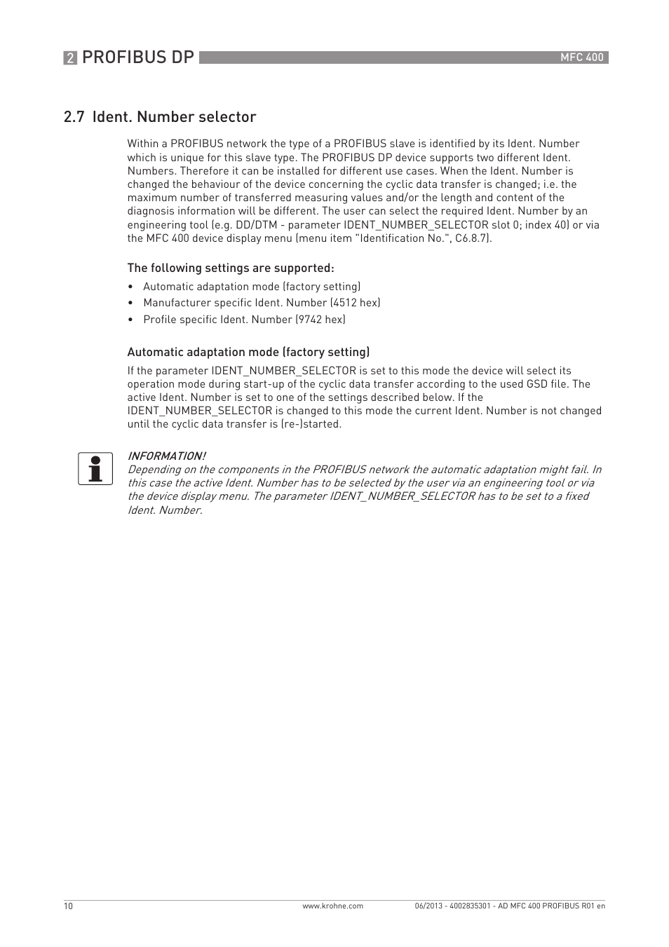 Profibus dp, 7 ident. number selector | KROHNE MFC 400 Profibus User Manual | Page 10 / 56