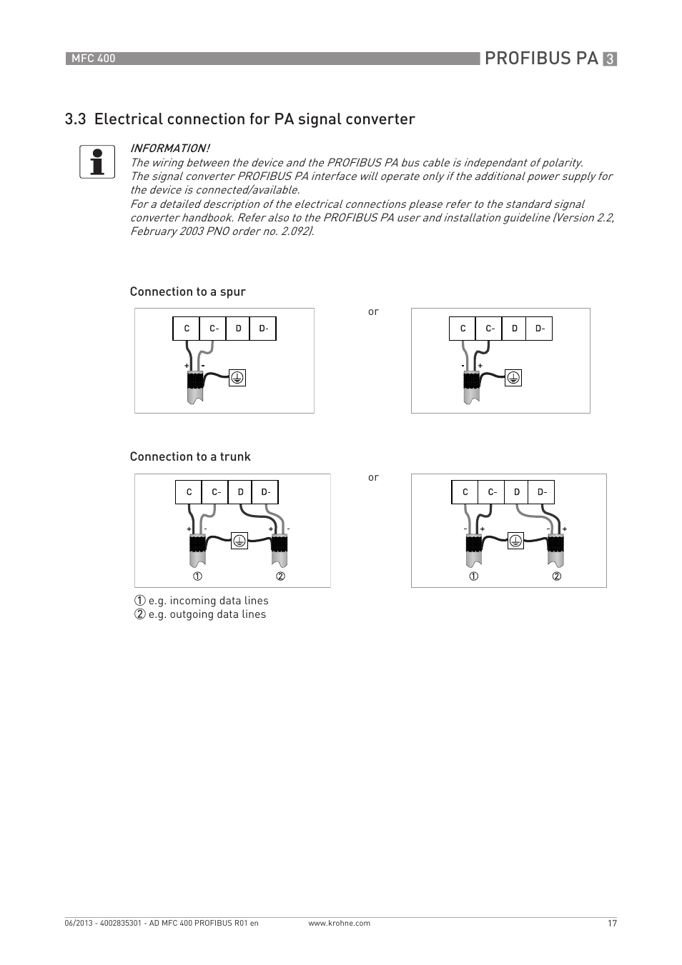 Profibus pa, 3 electrical connection for pa signal converter | KROHNE MFC 400 Profibus User Manual | Page 17 / 56