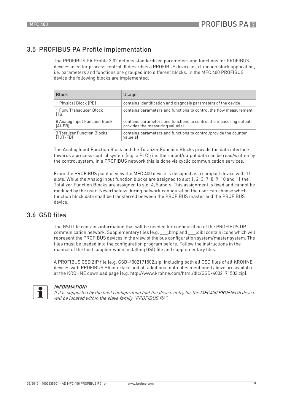 Profibus pa, 5 profibus pa profile implementation, 6 gsd files | KROHNE MFC 400 Profibus User Manual | Page 19 / 56