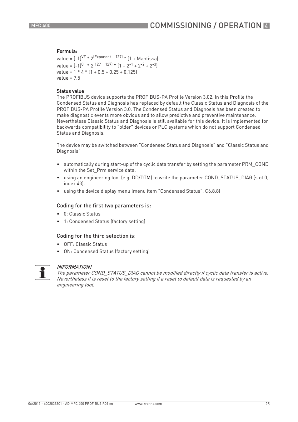 Commissioning / operation | KROHNE MFC 400 Profibus User Manual | Page 25 / 56