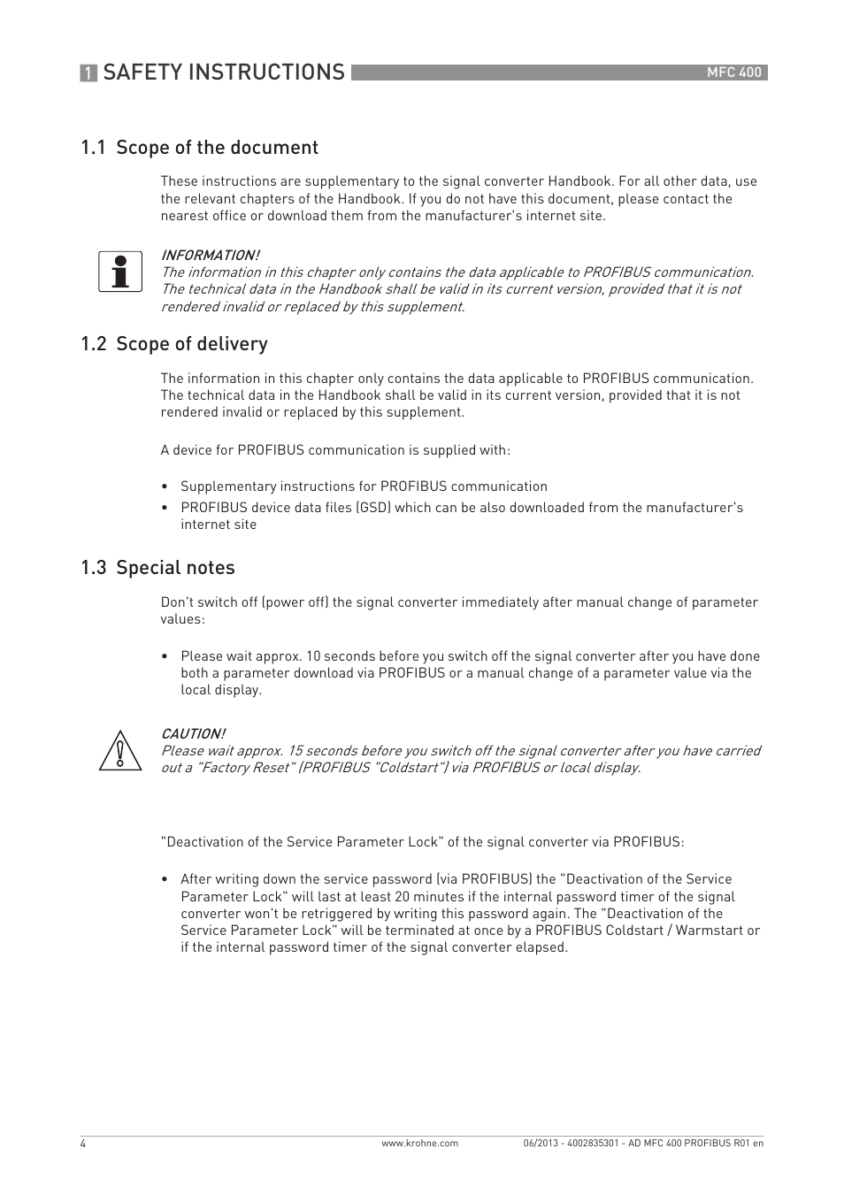 Safety instructions, 1 scope of the document, 2 scope of delivery | KROHNE MFC 400 Profibus User Manual | Page 4 / 56