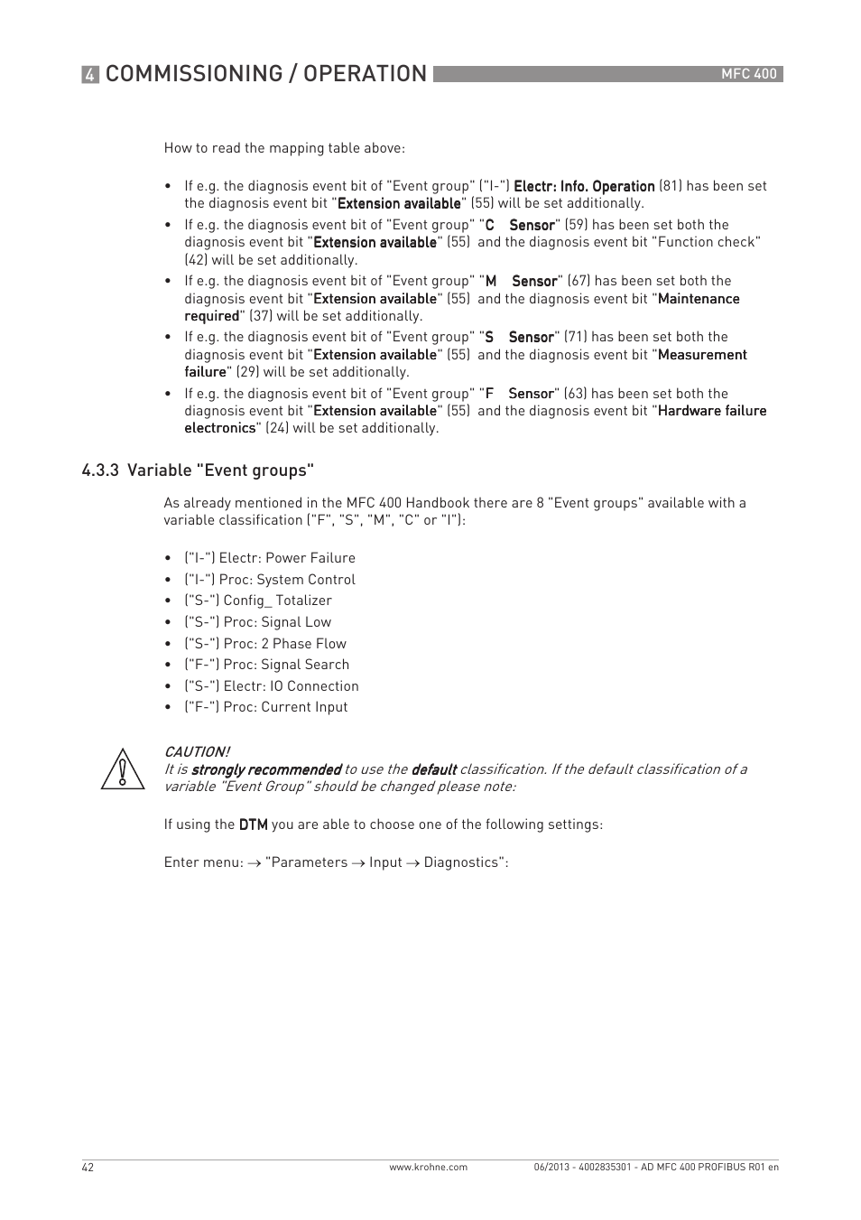 Commissioning / operation, 3 variable "event groups | KROHNE MFC 400 Profibus User Manual | Page 42 / 56