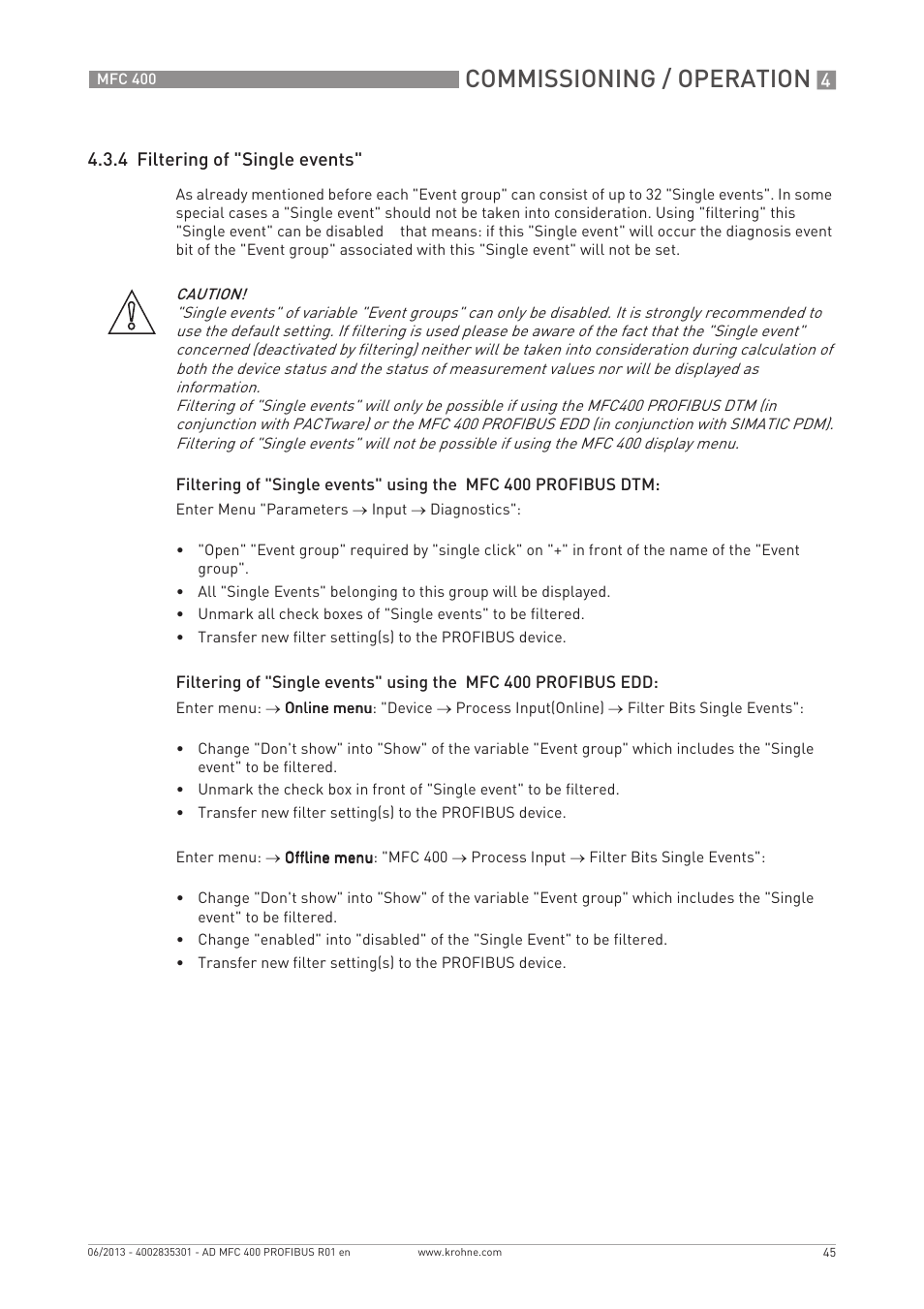 Commissioning / operation, 4 filtering of "single events | KROHNE MFC 400 Profibus User Manual | Page 45 / 56