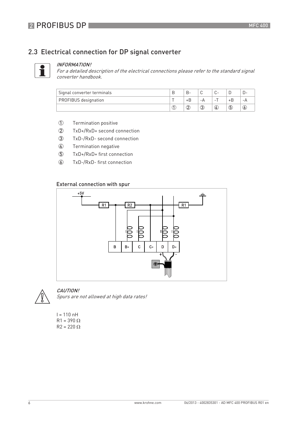 Profibus dp, 3 electrical connection for dp signal converter | KROHNE MFC 400 Profibus User Manual | Page 6 / 56