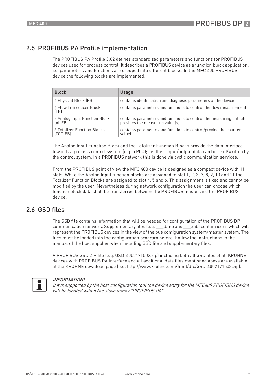 Profibus dp, 5 profibus pa profile implementation, 6 gsd files | KROHNE MFC 400 Profibus User Manual | Page 9 / 56