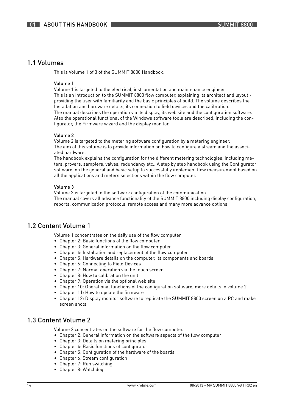 1 .1 volumes, 1 .2 content volume 1, 1 .3 content volume 2 | KROHNE Summit 8800 Vol 1 User Manual | Page 14 / 143