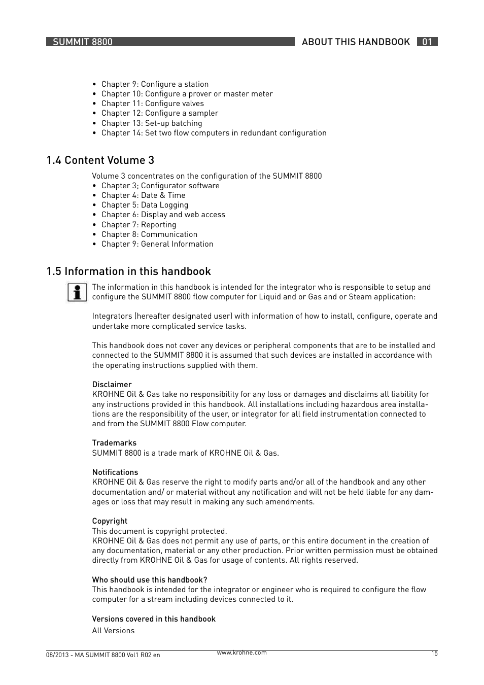 1 .4 content volume 3, 1 .5 information in this handbook | KROHNE Summit 8800 Vol 1 User Manual | Page 15 / 143