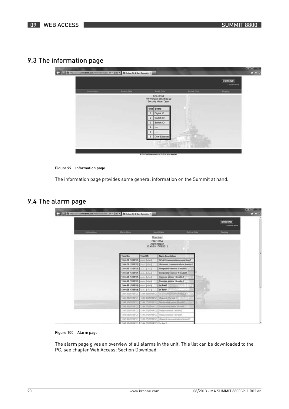 9 .3 the information page, 9 .4 the alarm page | KROHNE Summit 8800 Vol 1 User Manual | Page 90 / 143