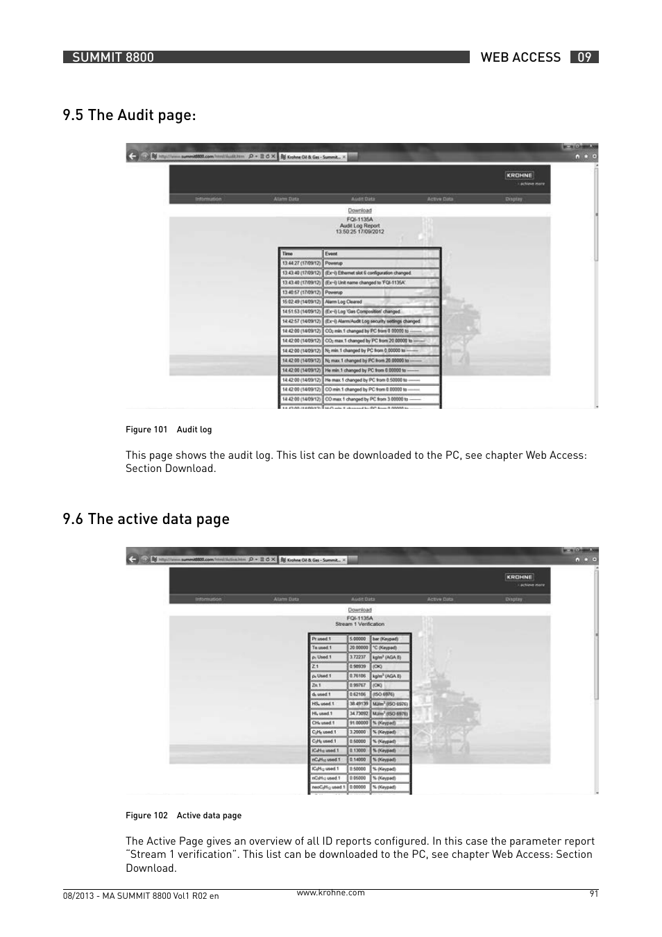 9 .5 the audit page, 9 .6 the active data page | KROHNE Summit 8800 Vol 1 User Manual | Page 91 / 143