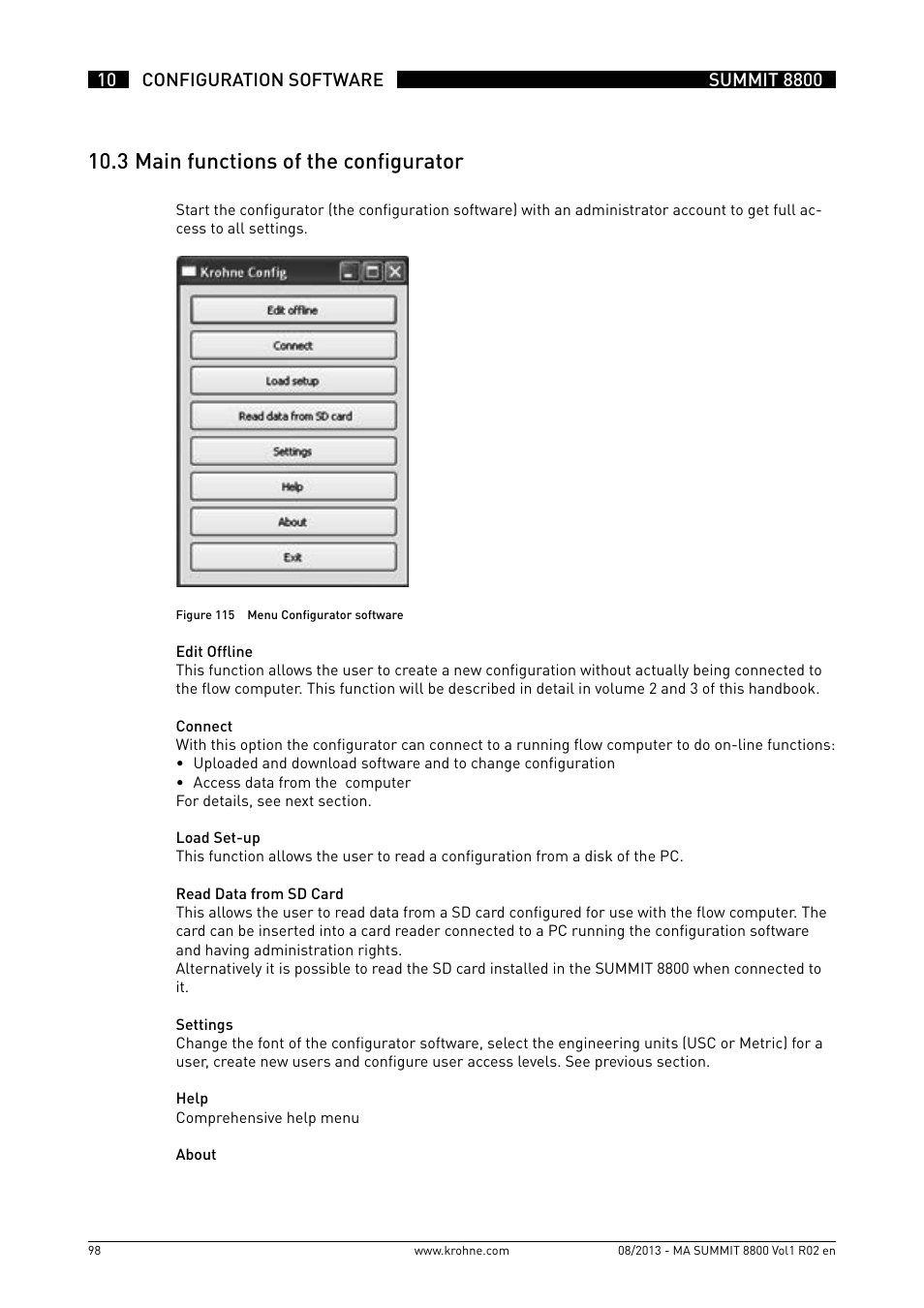 10 .3 main functions of the configurator | KROHNE Summit 8800 Vol 1 User Manual | Page 98 / 143