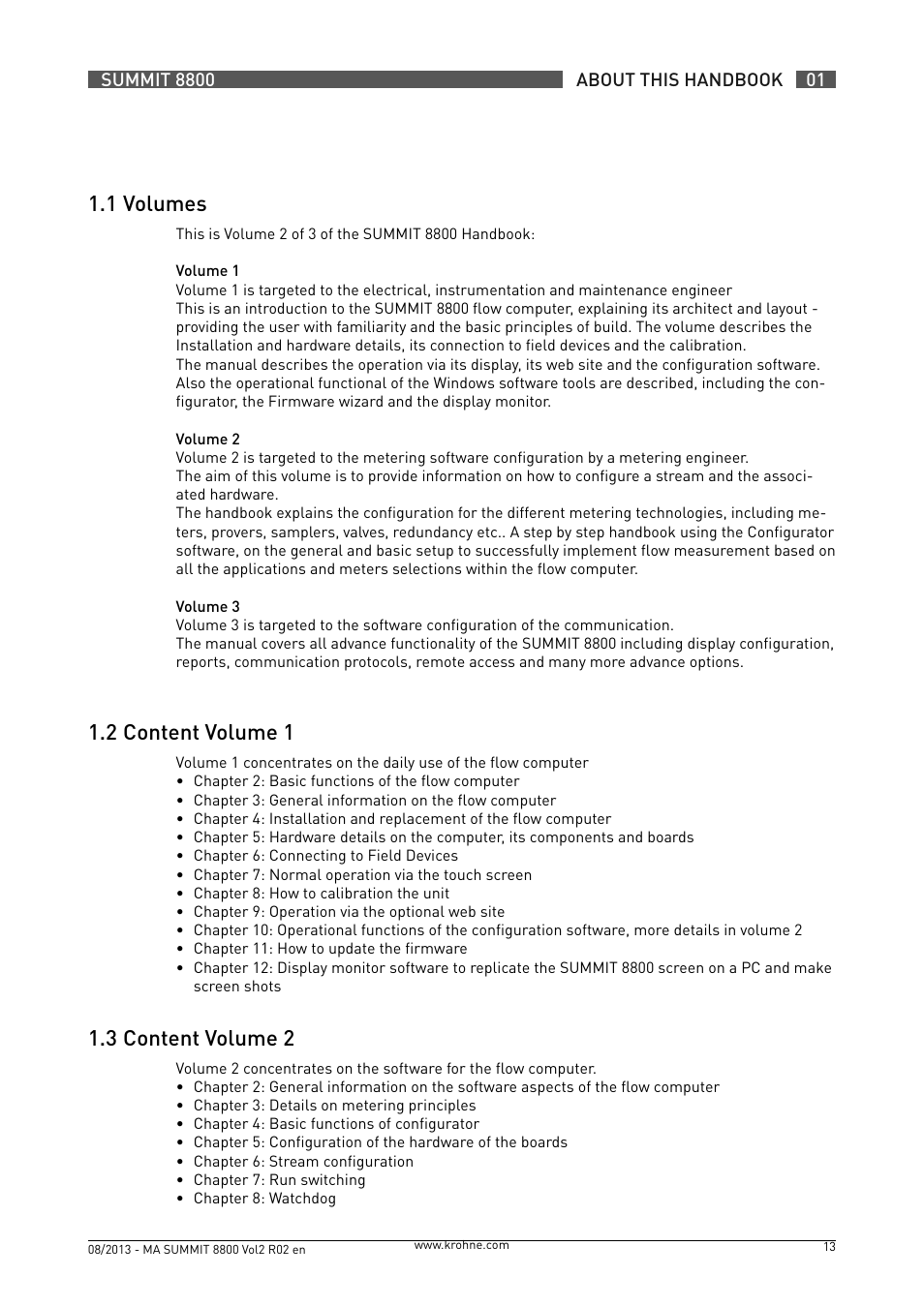 1 .1 volumes, 1 .2 content volume 1, 1 .3 content volume 2 | KROHNE Summit 8800 Vol 2 User Manual | Page 13 / 187