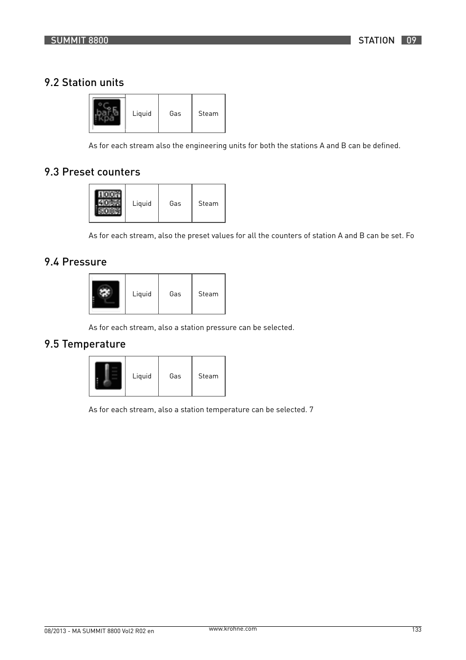 9 .2 station units, 9 .3 preset counters, 9 .4 pressure | 9 .5 temperature | KROHNE Summit 8800 Vol 2 User Manual | Page 133 / 187