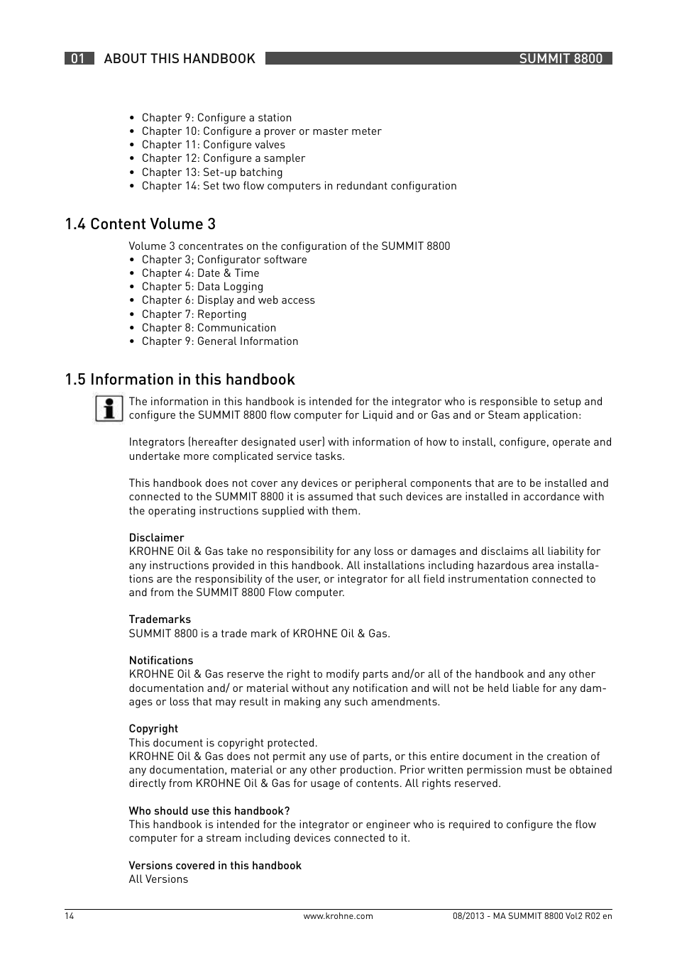 1 .4 content volume 3, 1 .5 information in this handbook | KROHNE Summit 8800 Vol 2 User Manual | Page 14 / 187
