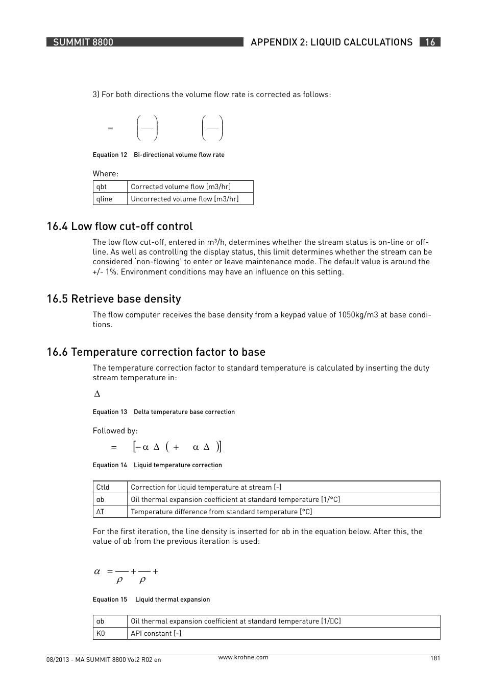 16 .4 low flow cut-off control, 16 .5 retrieve base density, 16 .6 temperature correction factor to base | KROHNE Summit 8800 Vol 2 User Manual | Page 181 / 187