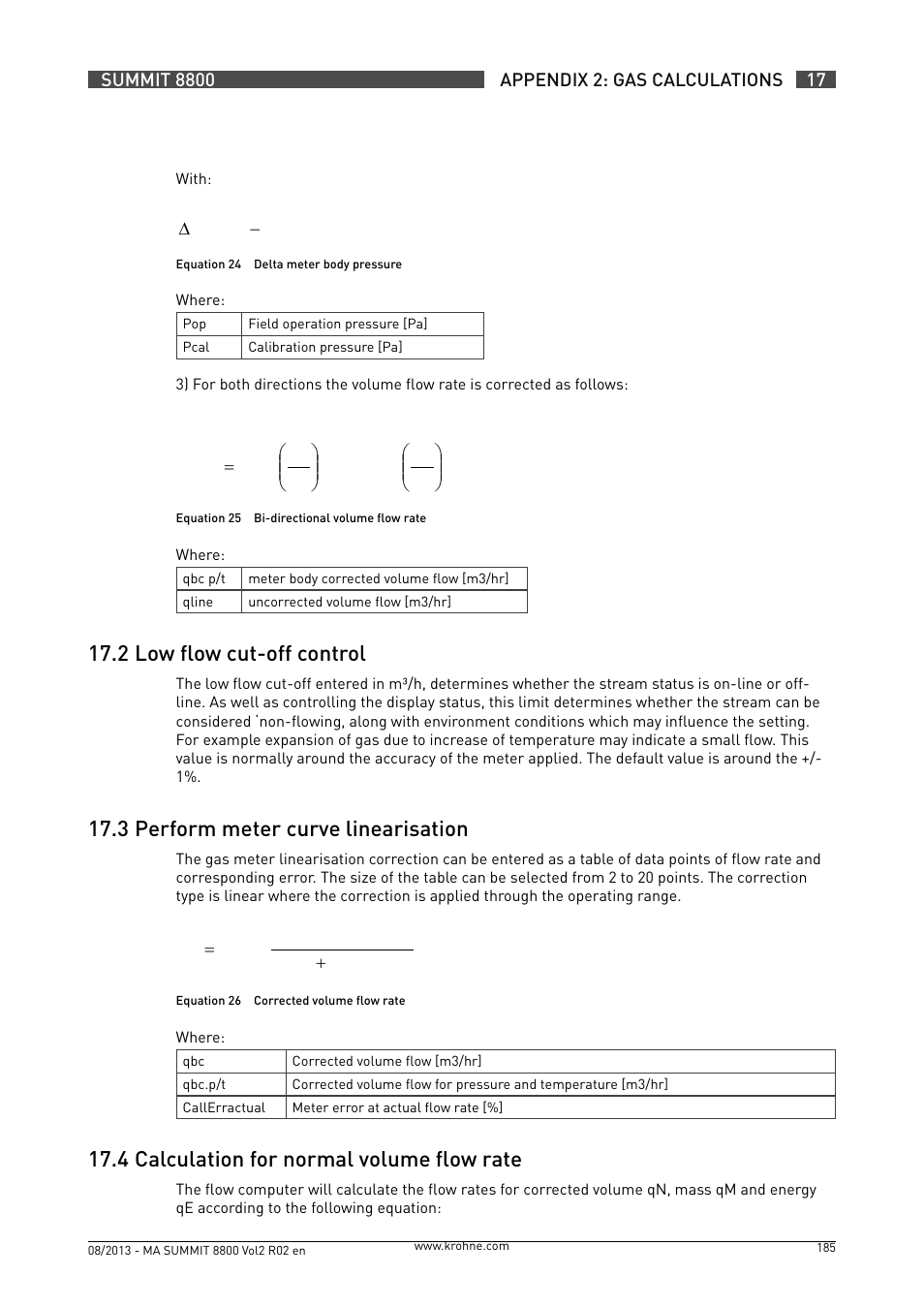 17 .2 low flow cut-off control, 17 .3 perform meter curve linearisation, 17 .4 calculation for normal volume flow rate | KROHNE Summit 8800 Vol 2 User Manual | Page 185 / 187