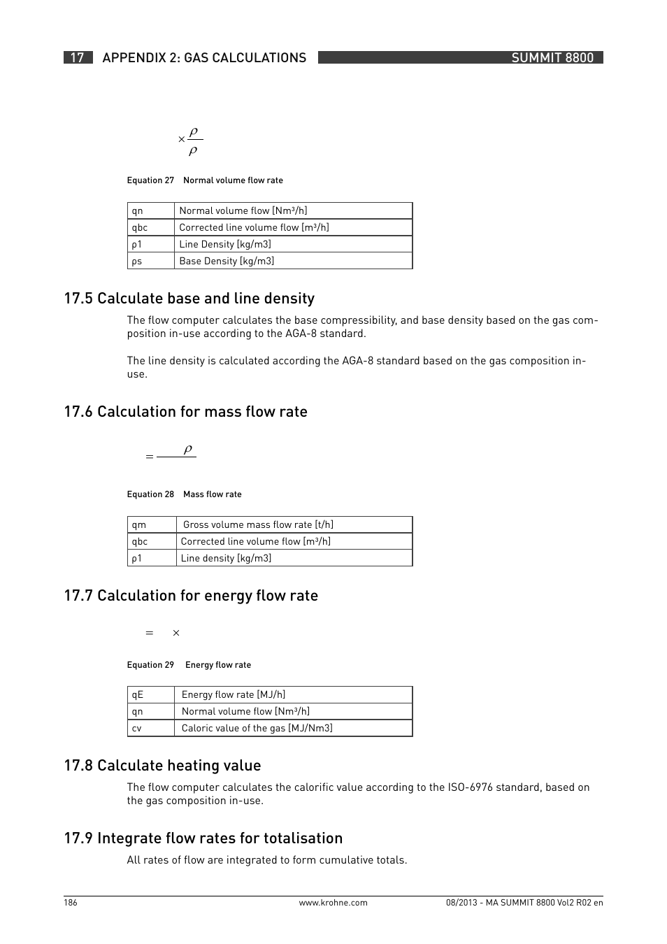 17 .5 calculate base and line density, 17 .6 calculation for mass flow rate, 17 .7 calculation for energy flow rate | 17 .8 calculate heating value, 17 .9 integrate flow rates for totalisation | KROHNE Summit 8800 Vol 2 User Manual | Page 186 / 187