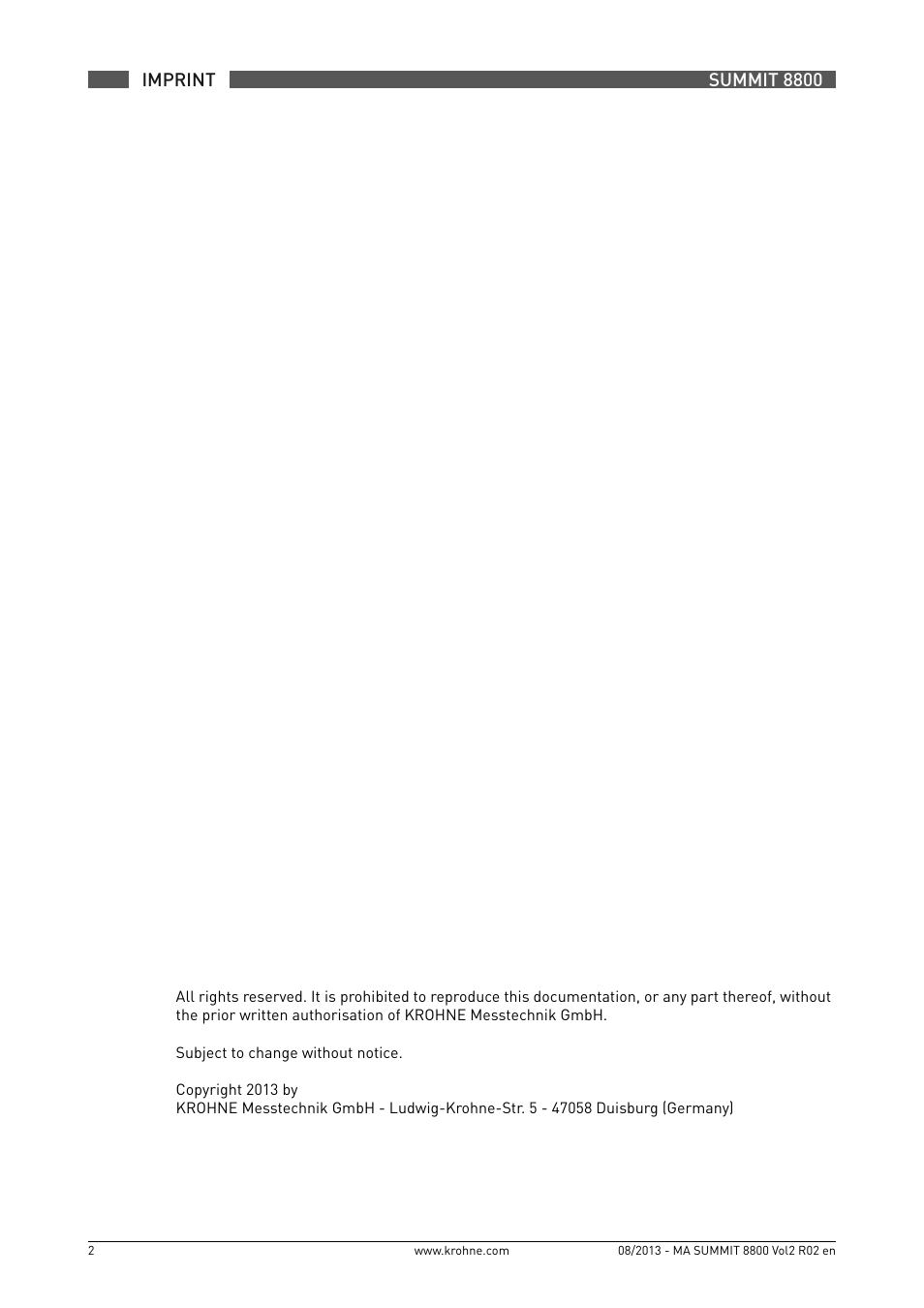 Summit 8800 imprint | KROHNE Summit 8800 Vol 2 User Manual | Page 2 / 187