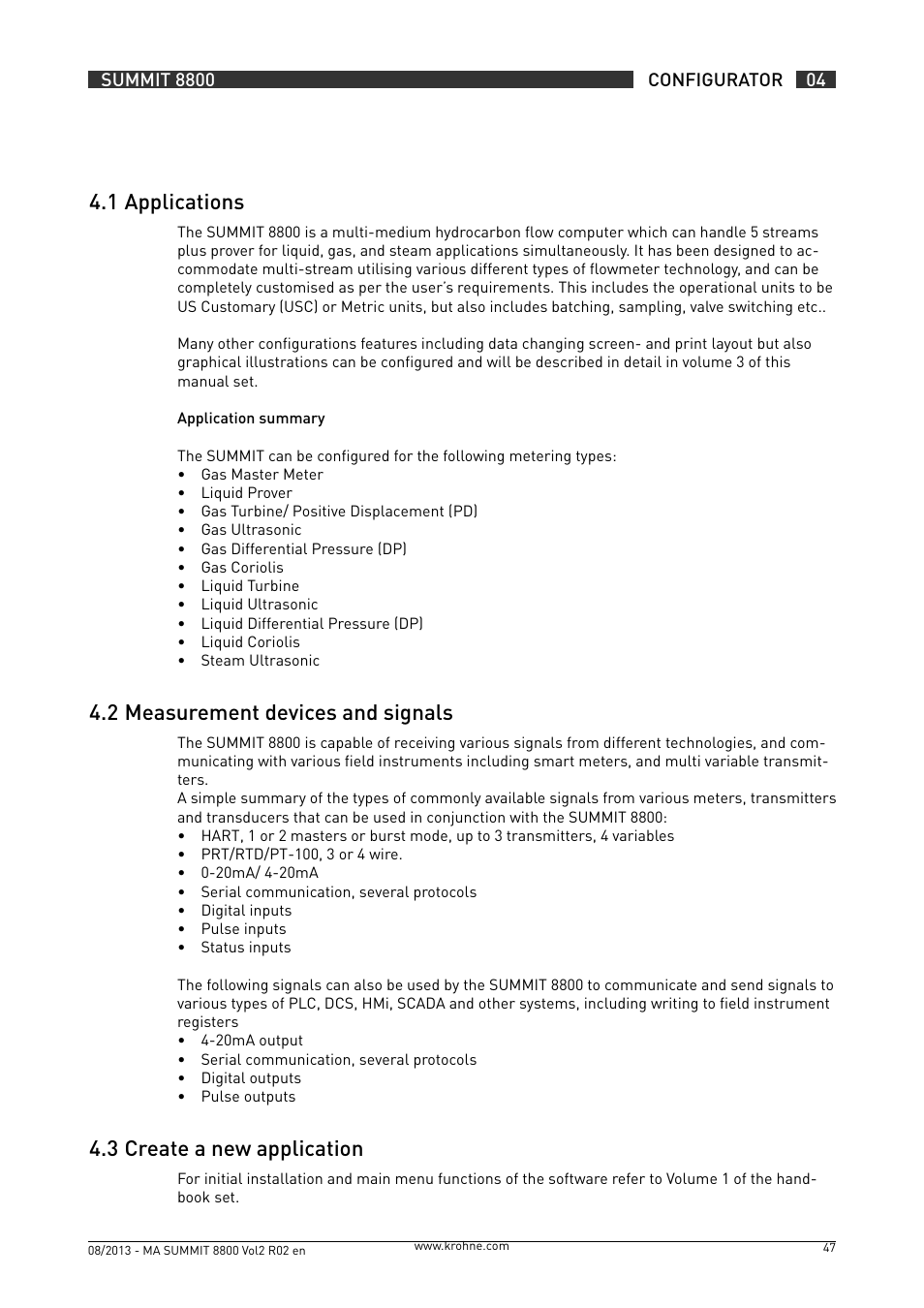4 .1 applications, 4 .2 measurement devices and signals, 4 .3 create a new application | KROHNE Summit 8800 Vol 2 User Manual | Page 47 / 187