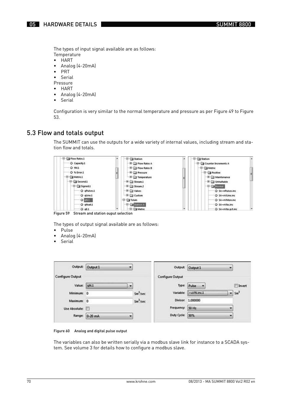 5 .3 flow and totals output | KROHNE Summit 8800 Vol 2 User Manual | Page 70 / 187