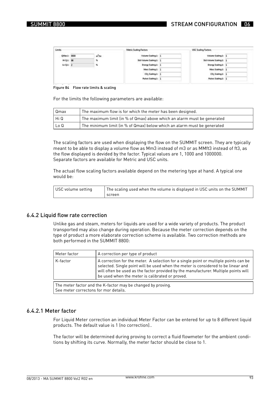 6 .4 .2 liquid flow rate correction, 6 .4 .2 .1 meter factor | KROHNE Summit 8800 Vol 2 User Manual | Page 93 / 187