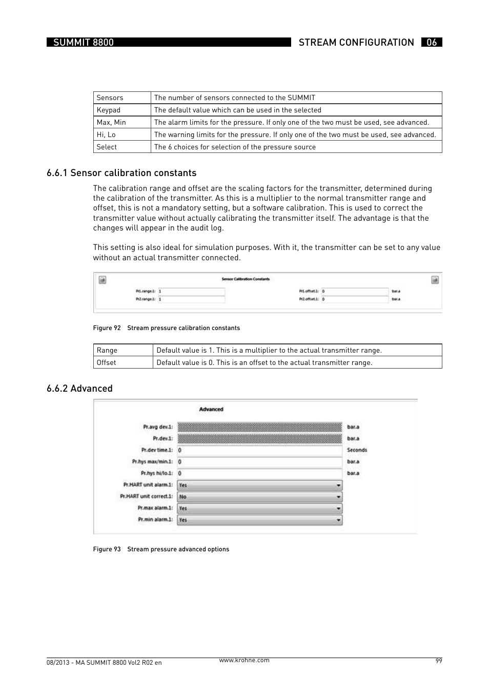 6 .6 .1 sensor calibration constants, 6 .6 .2 advanced | KROHNE Summit 8800 Vol 2 User Manual | Page 99 / 187