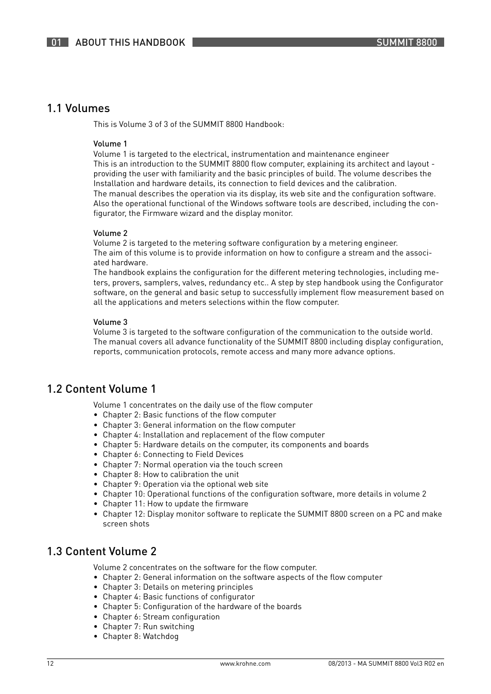 1 .1 volumes, 1 .2 content volume 1, 1 .3 content volume 2 | KROHNE Summit 8800 Vol 3 User Manual | Page 12 / 171