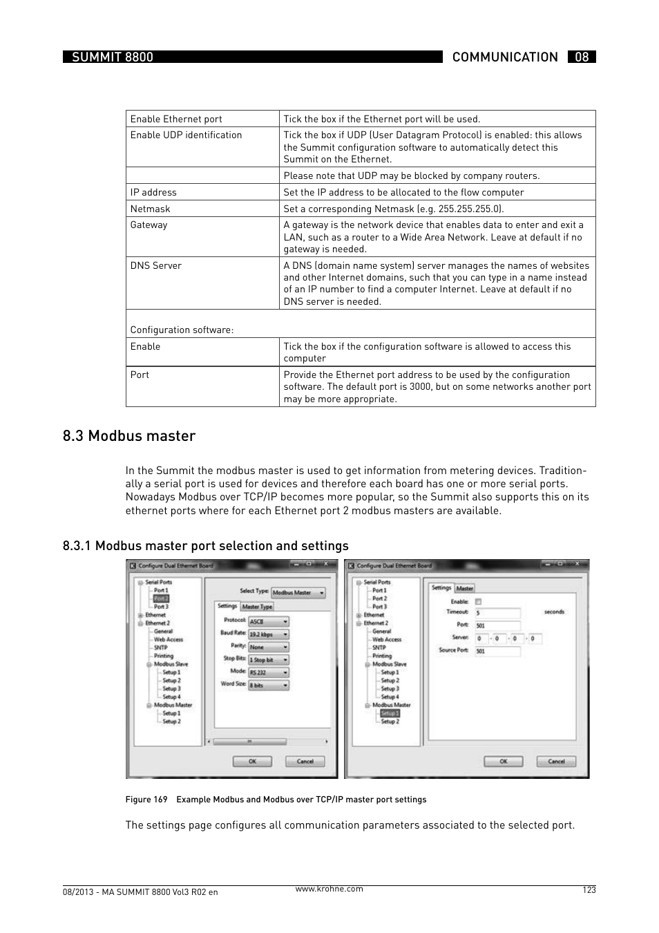 8 .3 modbus master, 8 .3 .1 modbus master port selection and settings | KROHNE Summit 8800 Vol 3 User Manual | Page 123 / 171