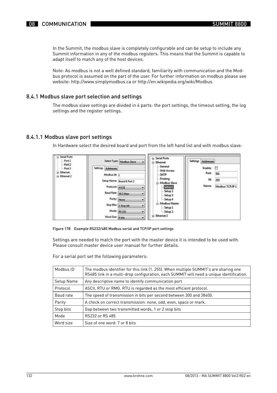 8 .4 .1 modbus slave port selection and settings, 8 .4 .1 .1 modbus slave port settings | KROHNE Summit 8800 Vol 3 User Manual | Page 132 / 171