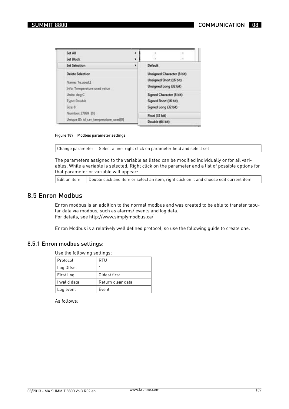 8 .5 enron modbus, 8 .5 .1 enron modbus settings | KROHNE Summit 8800 Vol 3 User Manual | Page 139 / 171